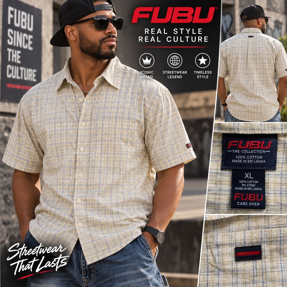 VTG 90s FUBU Men XL Beige Plaid Short Sleeve Button Up Shirt Hip Hop Streetwear